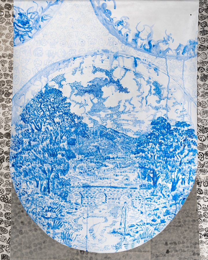 Big Fish Eat Little Fish , 2018 acrylic on Tyvek 46 x 34 inches