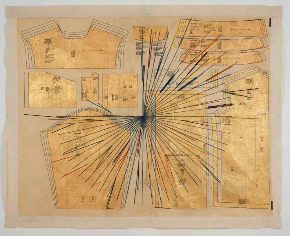 los desaparecidos (the navigator) , 2018 wax, pattern paper and gold leaf on muslin 50 x 62 in (127 x 157.5 cm)