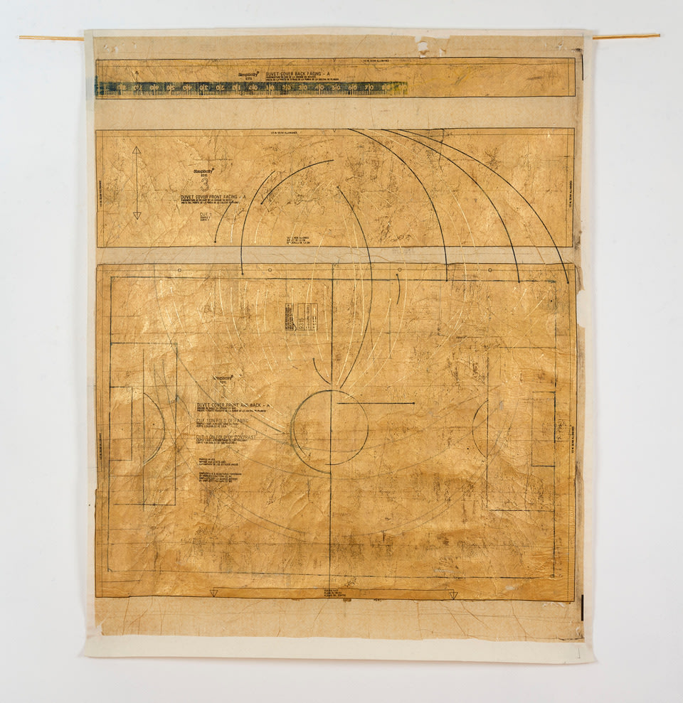 los desaparecidos (the arbiter of time) , 2018 wax, pattern paper and gold leaf on muslin 47 x 38 in (119.4 x 96.5 cm)