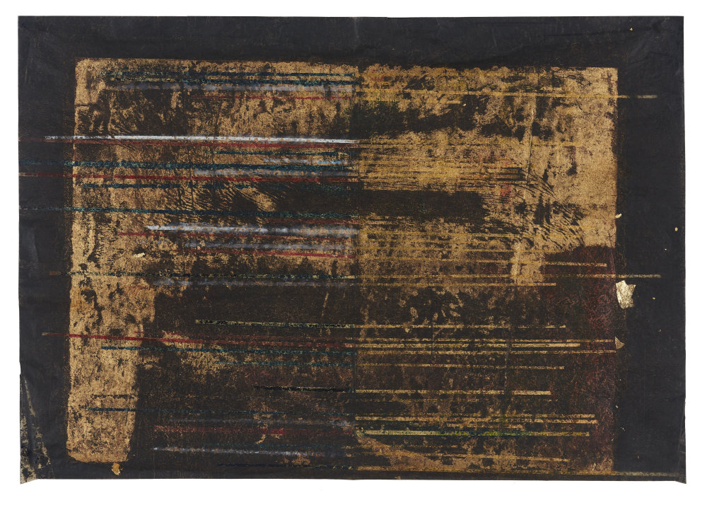 beneath the underdog , 2018 gold leaf and wax on carbon paper 11.125 x 16 in (28.3 x 40.6 cm) unframed 15.25 x 20 in (39 x 51 cm) framed