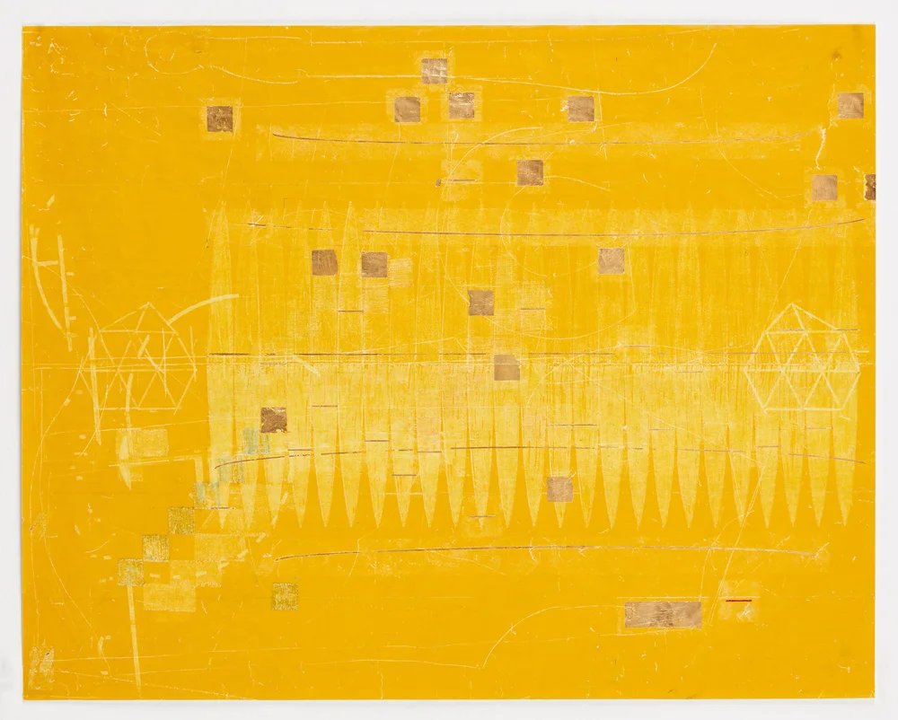 notes on the poetics of relation (0 degrees) by Ronny Quevedo, 2017, gold leaf and wax on dress maker paper, 26 x 33 inches.