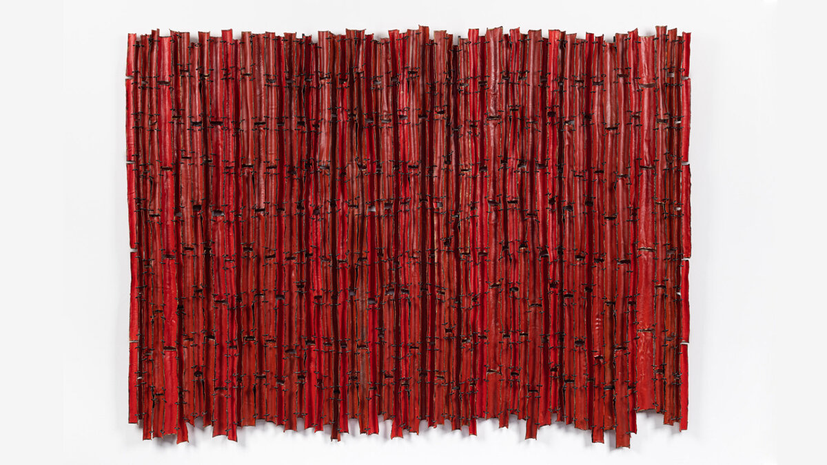   Along Porous Borders (Red) , 2019 waxed cloth, hog rings, welded steel 40 x 54 x 1.5 inches (sold) 
