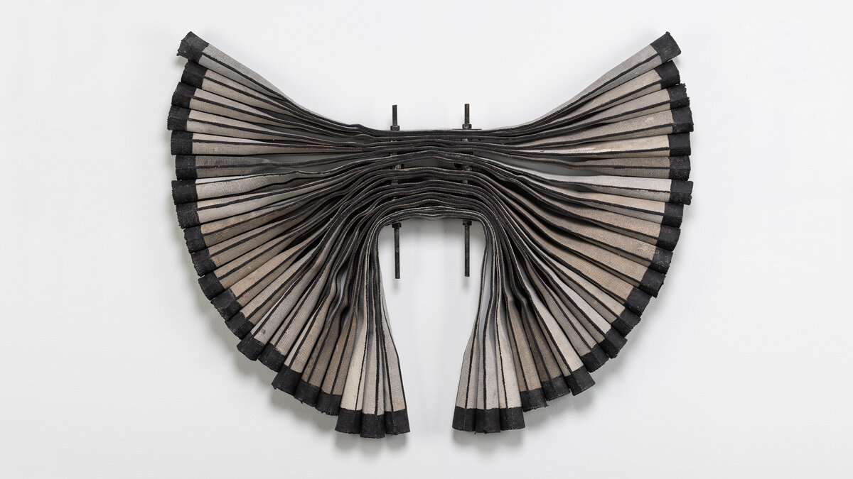   Firehose Experiment #13 (bioform) , 2019 linen firehoses, paint, threaded rods, washers and bolts 23 x 36 x 3 inches 