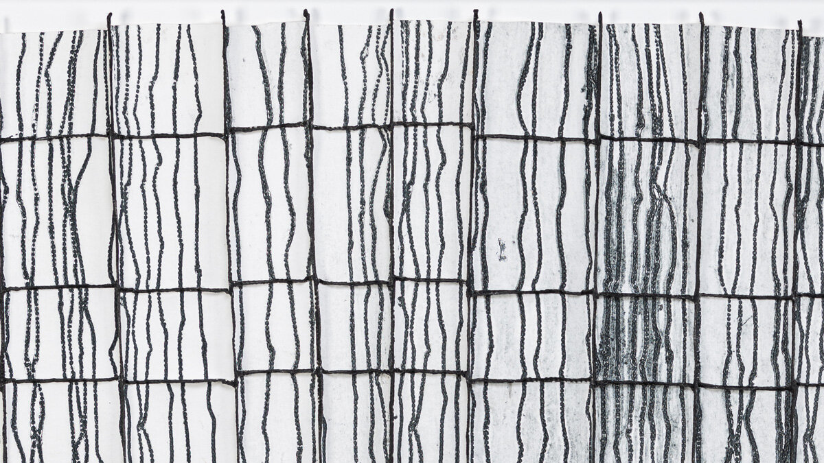   Raveled Lines #1  (detail), 2018 deconstructed collagraph print, thread, wax 27 x 51 x 1 inches (full size) 