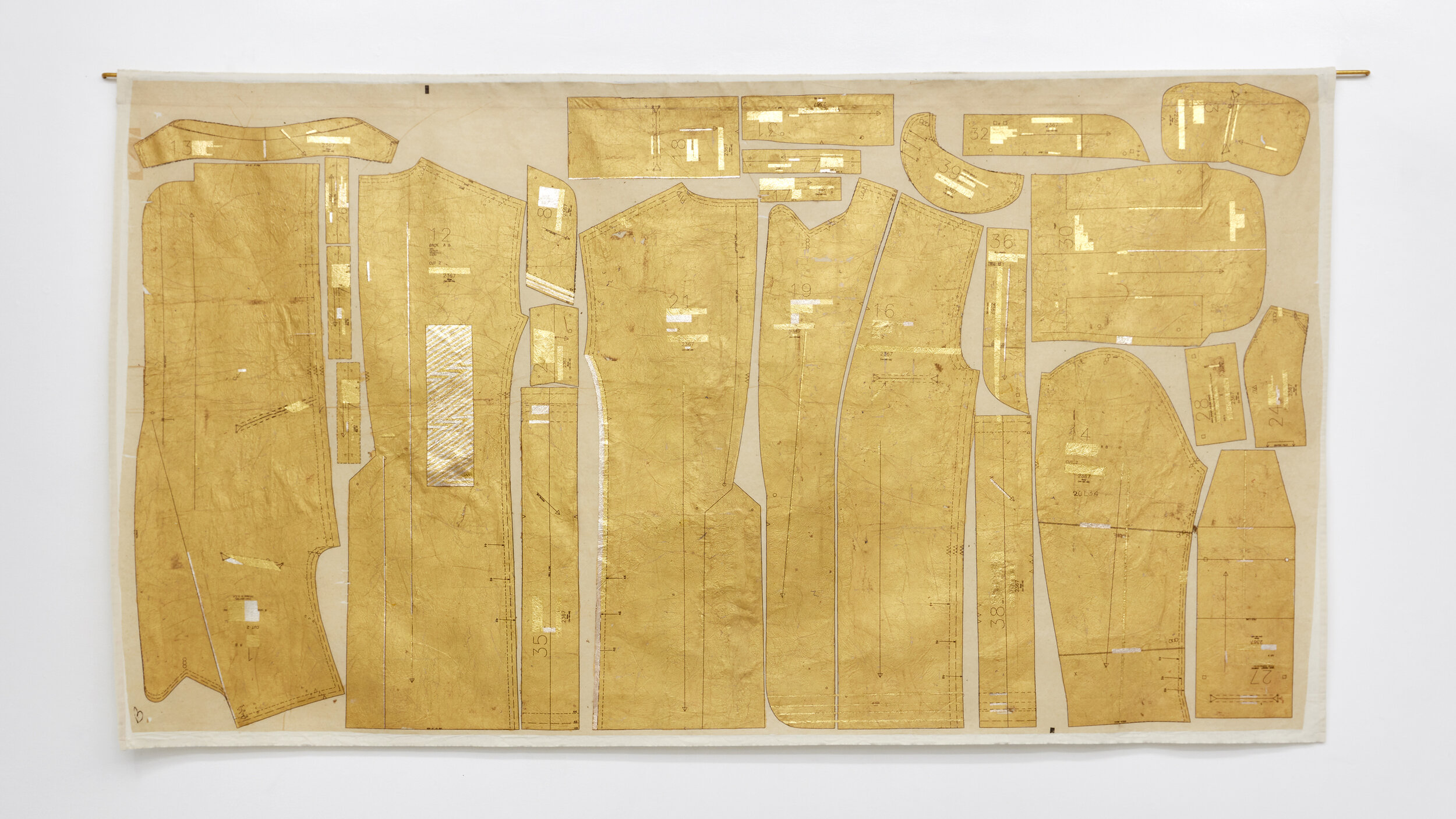   pachuco, pacha, p'alante , 2019 pattern paper and gold leaf on muslin 50 x 90 inches (127 x 229 cm) 
