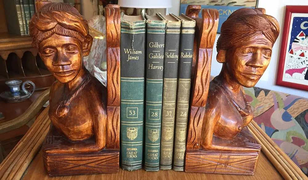 Fabulous hand carved bookends await the reader at Casa Victoria Vintage LA