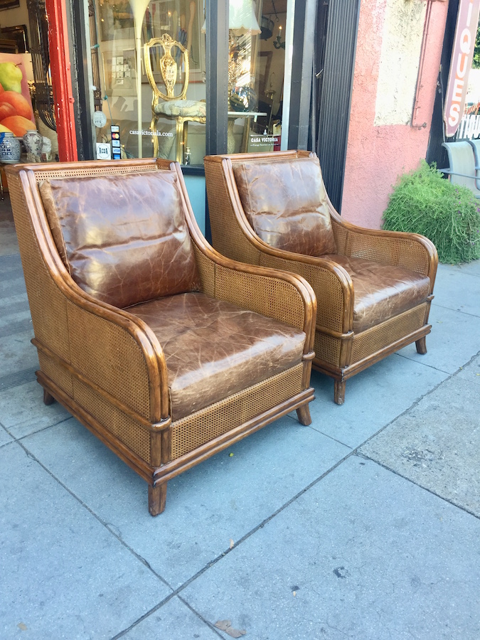 Rattan And Leather Lounge Chairs, Leather Lounge Sofa Pair