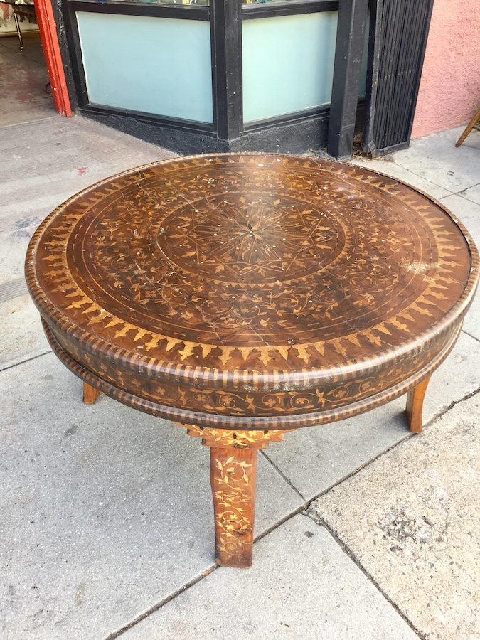 Tall Vintage Coffee Table With Inlayed, Vintage Round Wood Coffee Table