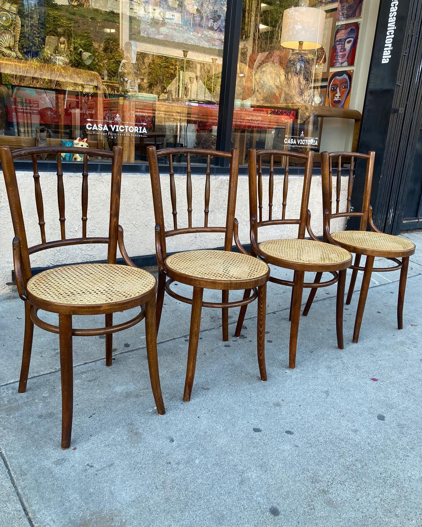 Set of 4 vintage cane dining chairs, compact and comfortable. $495. PENDING. 17 w x 17 d x 34.5 t with 19 seat height. #casavictoriala #vintage #furniture #diningchair #thanksgiving #diningroom #breakfastroom #paris #french #antiques #london #nyc #lo