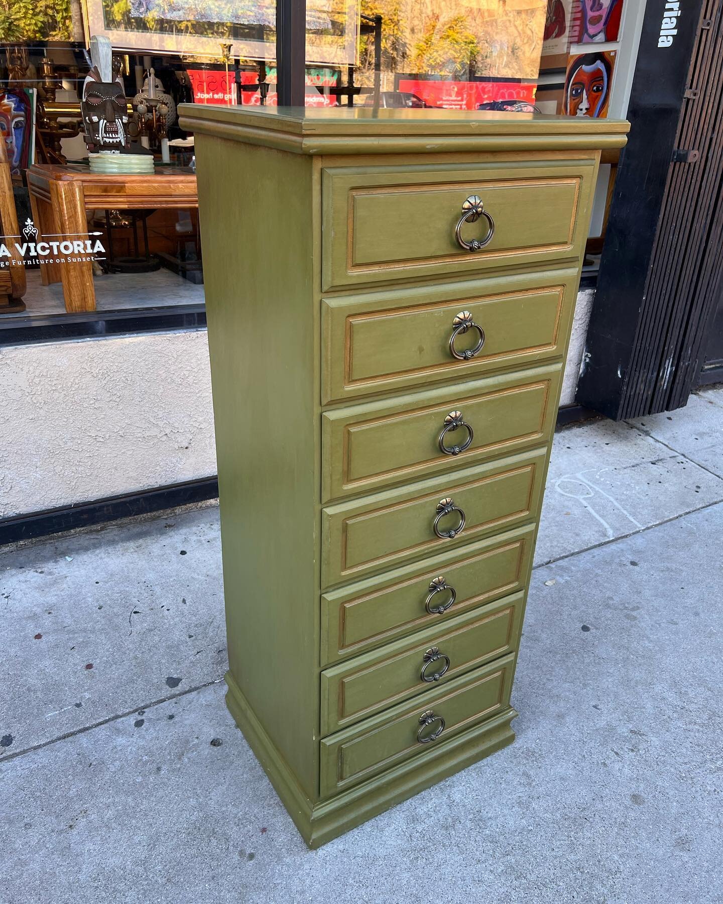 Vintage lingerie chest in green, $349. 21 w x 17 d x 50 t. #casavictoriala #vintage #furniture #chest #lingerie #woman #man #dresser #bedroom #1970&rsquo;s #design #setdesign #la #nyc