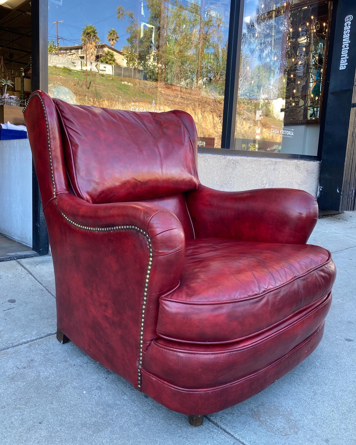 New at Casa Victoria, a classic English style arm chair in red leather, handcrafted by Schafer Brothers, $495. Featuring a compact size and gracefully scrolled arms with tack detailing. 37 d x 31 w x 33 t with 16 seat height. #casavictoriala #vintage