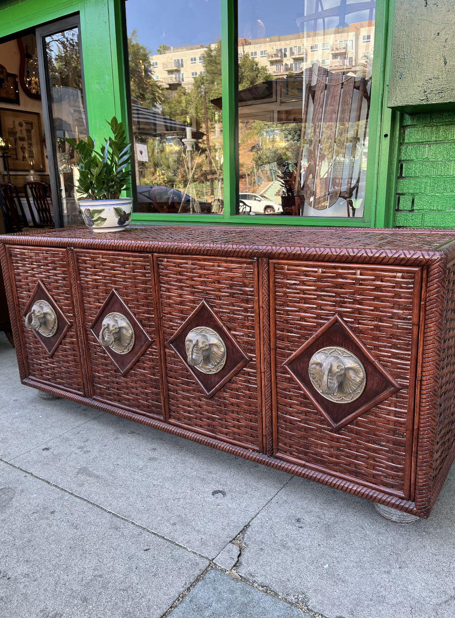Serene Power | Vintage Custom Made Wicker Sideboard with Elephant Medallions
