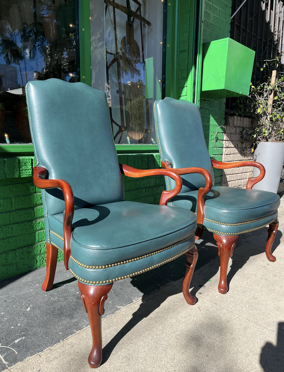 Loan Lapsed | Pair of Green Leather Library Chairs