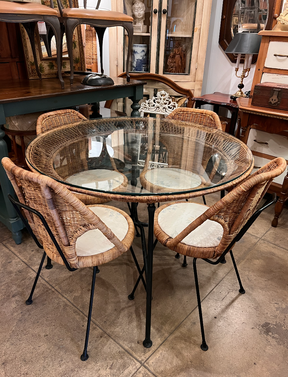 Mid-century Tropi-cal Rattan and Iron Dining Set