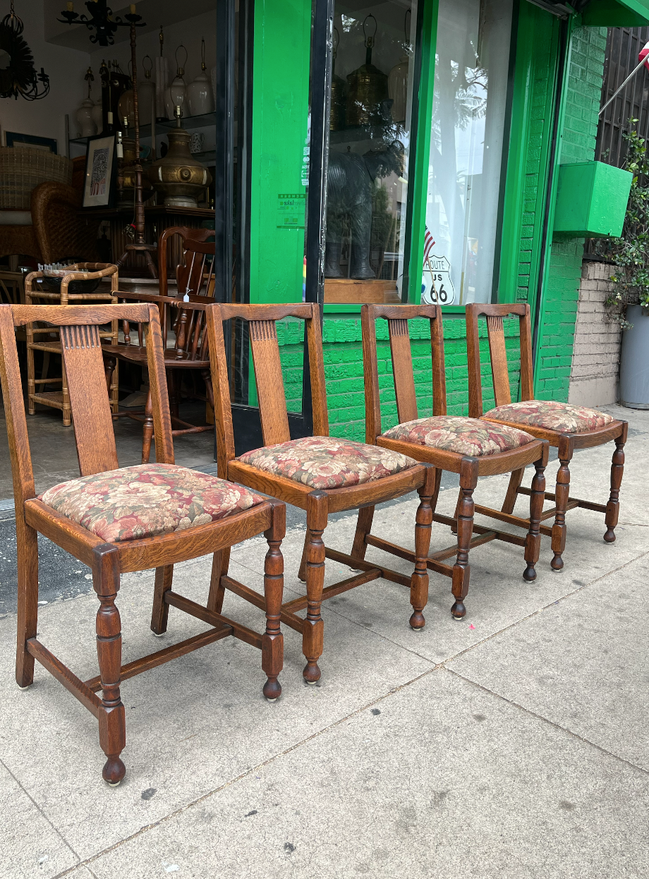 Don't Be Shy | Set of Four Oak Antique British Dining Chairs in Jacobean Revival Style