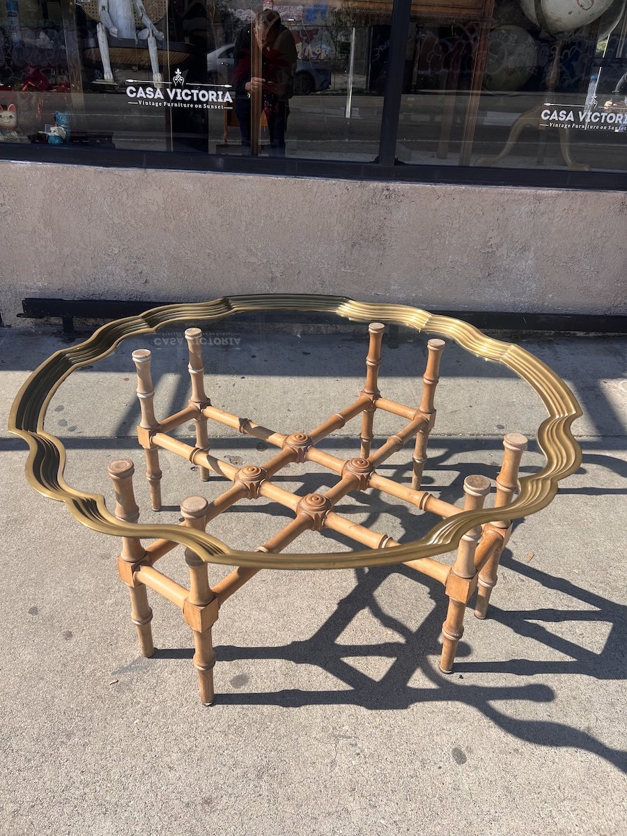 A lovely vintage round faux bamboo brass tray with handles. Can be