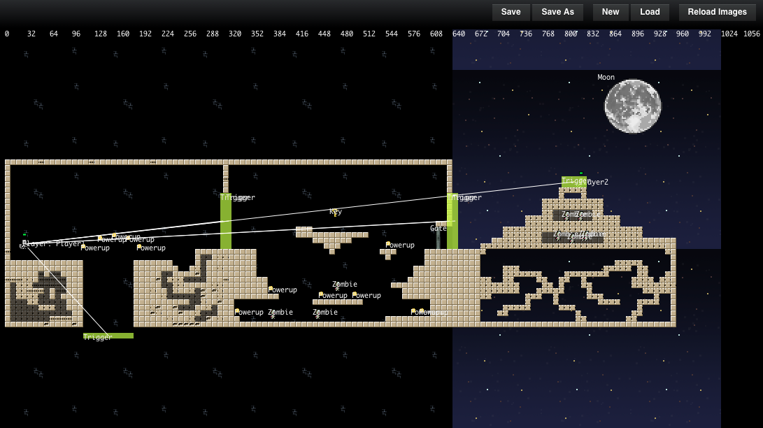 The entire level inside the level editor. The green rectangles trigger code when the player touches them.