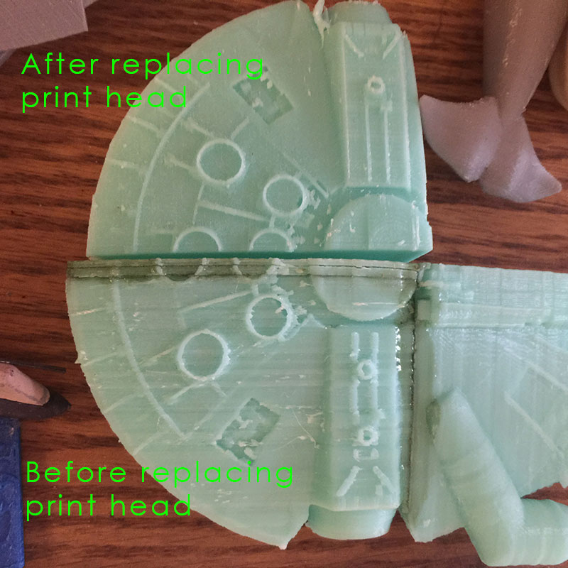 Notice the striations in the parts before the new print head. The bottom half should have never been able to print, but the encoder was able to warn me every time a jam occurred.