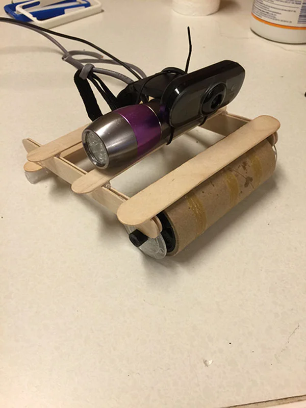 The barebones frame uses a thick cardboard roll as a big front wheel. 3D printed hubs were paired with scrap acrylic for smooth rolling. The rest was hot glued with craft sticks and zip-tied together.