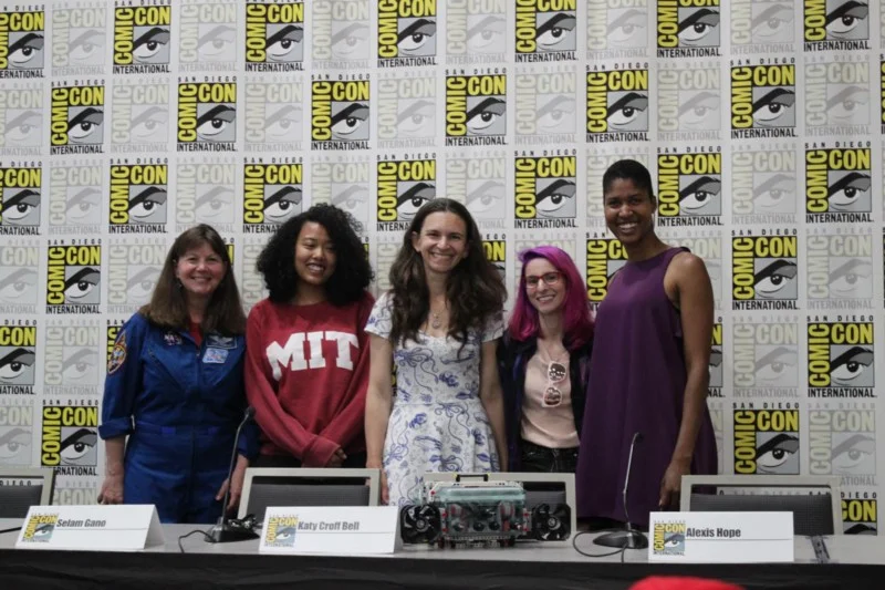 The Media Lab panel at San Diego Comic-Con 2018: Cady Coleman, Selam Gano, Katy Croff Bell, Alexis Hope, and Danielle Wood.