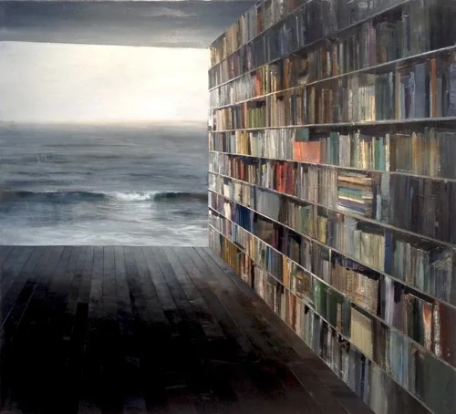 Jeremy Miranda , Library with Grey Sea (oil on canvas)