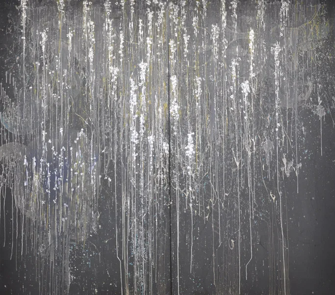 Annalisa Barron , Bursting Air ( tar, metal solder, glass, and acrylic on canvas, 2013, 120 x 120 x 3)
