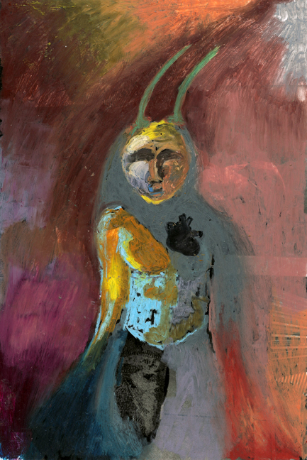 Meg Cowen , while something somewhere is burned from the feet up (oil and pastel over black-and-white photograph)