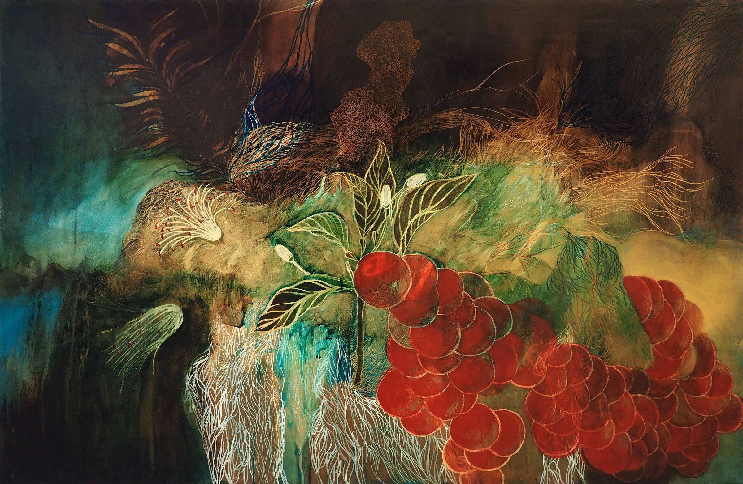 Resa Blatman , Oranges , 2005 Ink, acrylic, and gold leaf on wood 46 x 66"