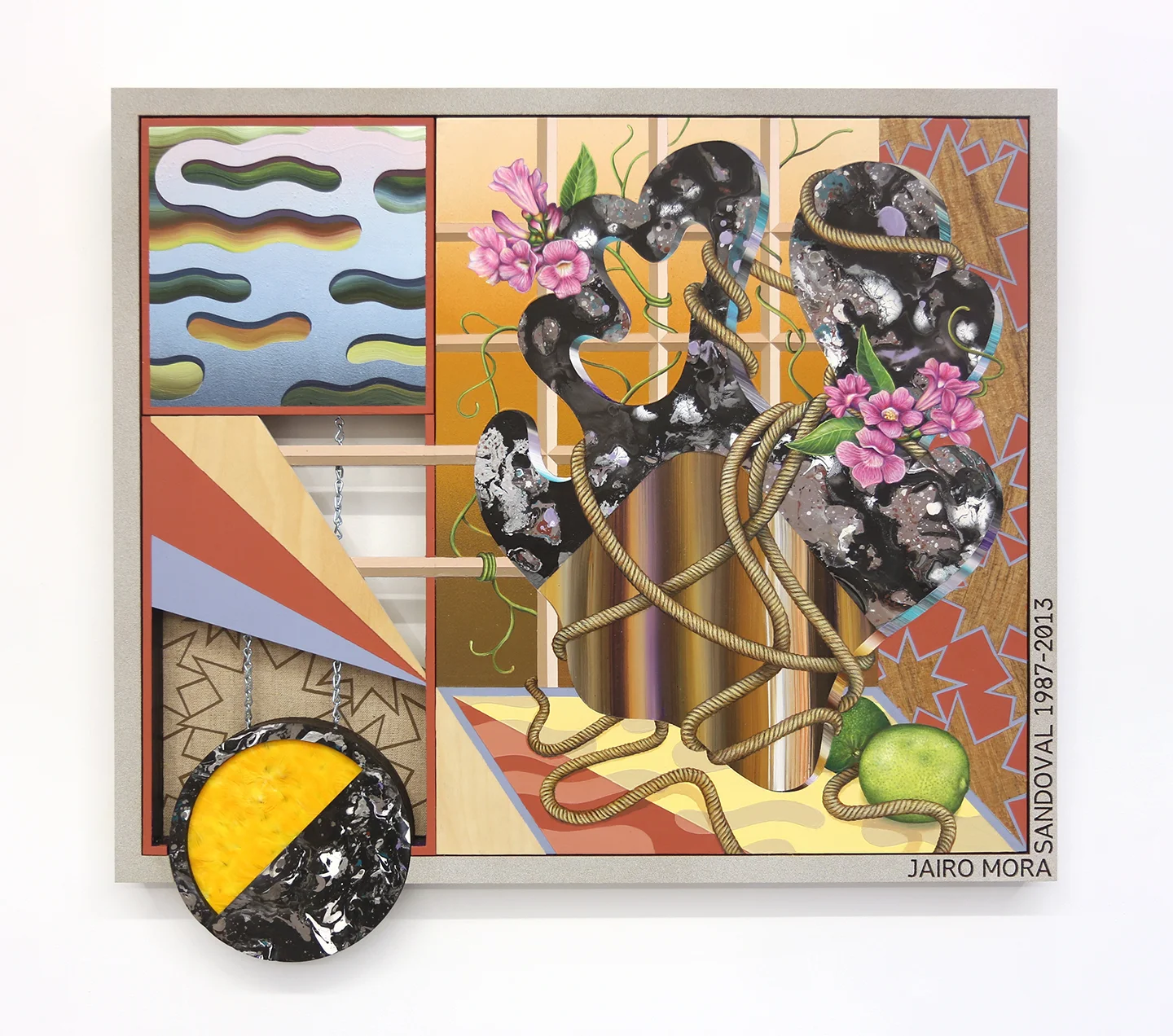Christian Ruiz Berman , Kami#3, Para Jairo , 2017 Acrylic, oil, macaw feathers, chain, and laser cut wood on panel with artist frame 22 x 29”