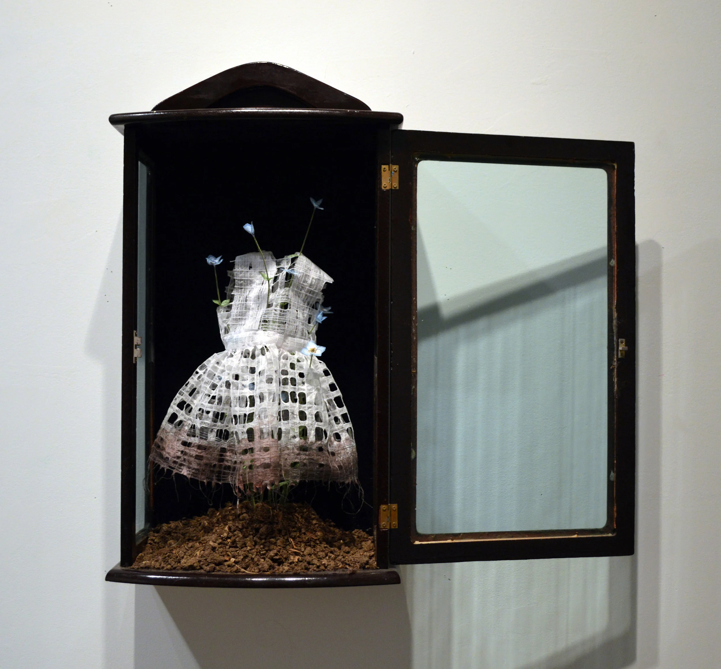 Emily Chase , Slow Growth (Bloom) , 2016 Sewn and dyed paper, thread, soil, wire, antique box