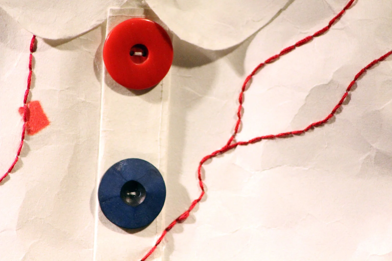 Emily Chase , 1,855 Miles (Detail), 2014 ( Artist Website ) Japanese paper, alcohol marker, thread, ink, embroidery floss