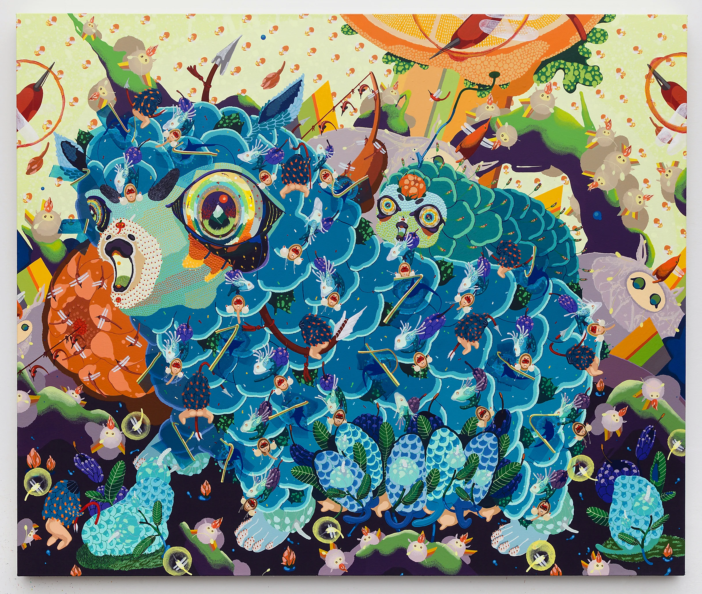 Mi Ju , Blue Sheep , 2015 ( Artist Website ) Acrylic on canvas, cut out paper, thread 42 x 50”