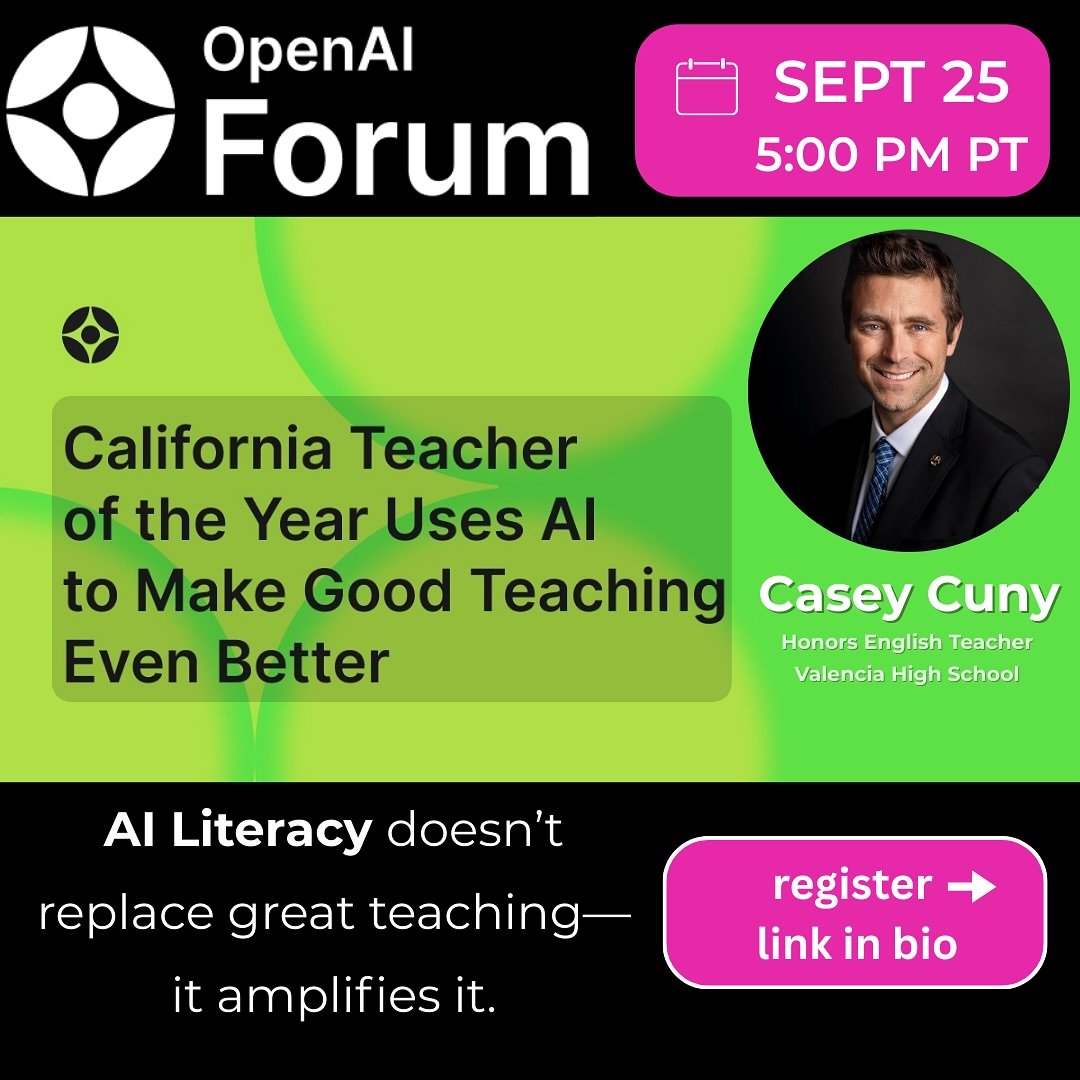 Join me at the Open AI Forum&mdash;for a fireside chat with Natalie Cone&mdash;Head of OpenAI Forum in Global Affairs&mdash;and then a presentation on AI best practices in Education: to amplify great teaching. Link to register is in the bio&mdash;see