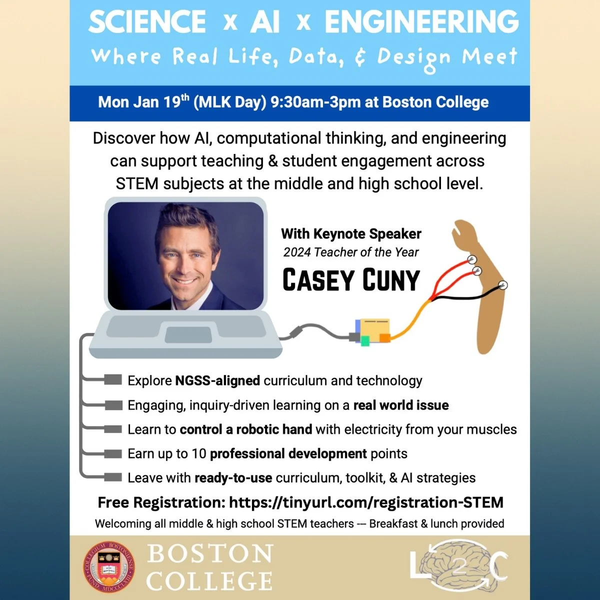 Pumped for this one&mdash;giving keynote address at Boston College! For a STEM conference on Bioengineering and AI! Open to all middle and high school teachers&mdash;get 10 hours of PD and a certificate on Science and AI from BC. Hope to see some fam