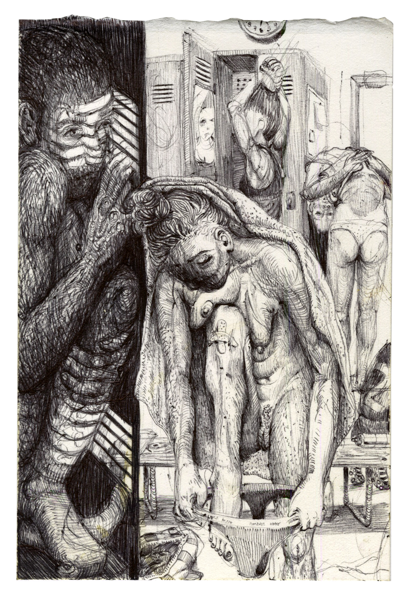 Changeroom, 2017, ballpoint pen on paper, 6 x 4 in