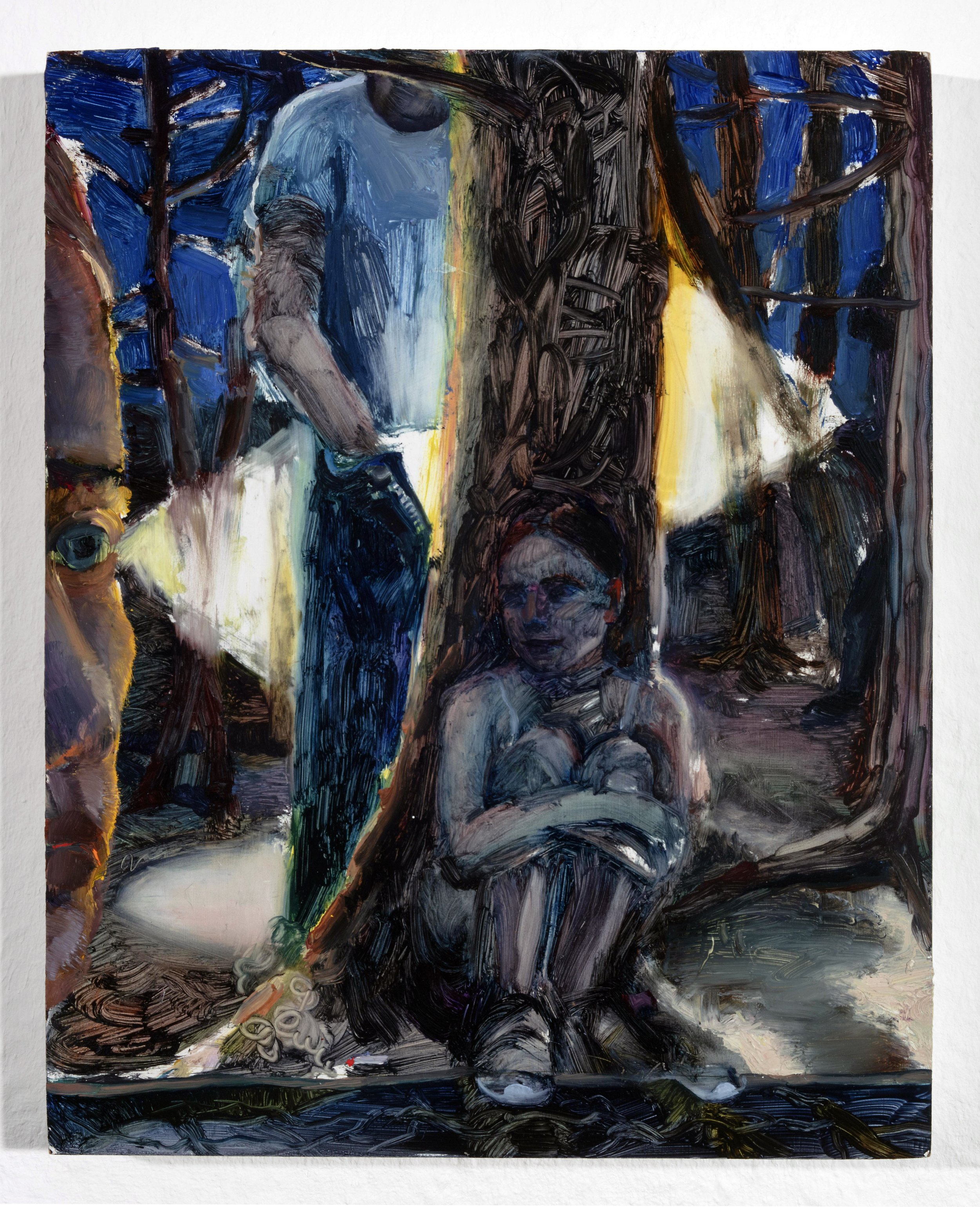   Girl in cedar wood with nikes,  2020, oil on panel, 10 x 8 in 