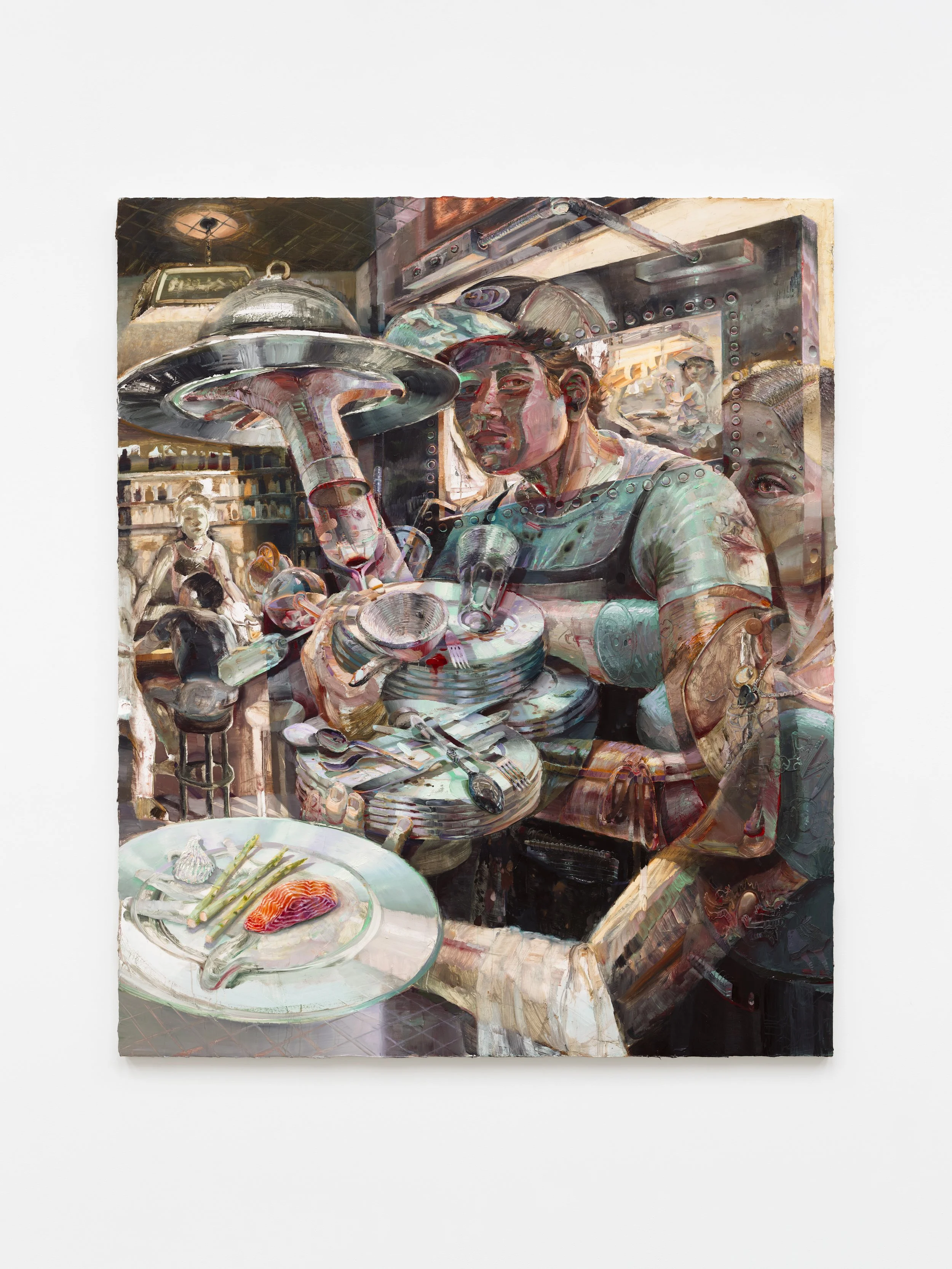   Burnt to a crisp or bloody as hell,  2025, oil on canvas, 72 × 60 in 