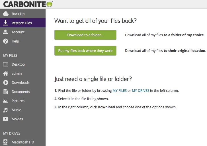 Carbonite Restore Info