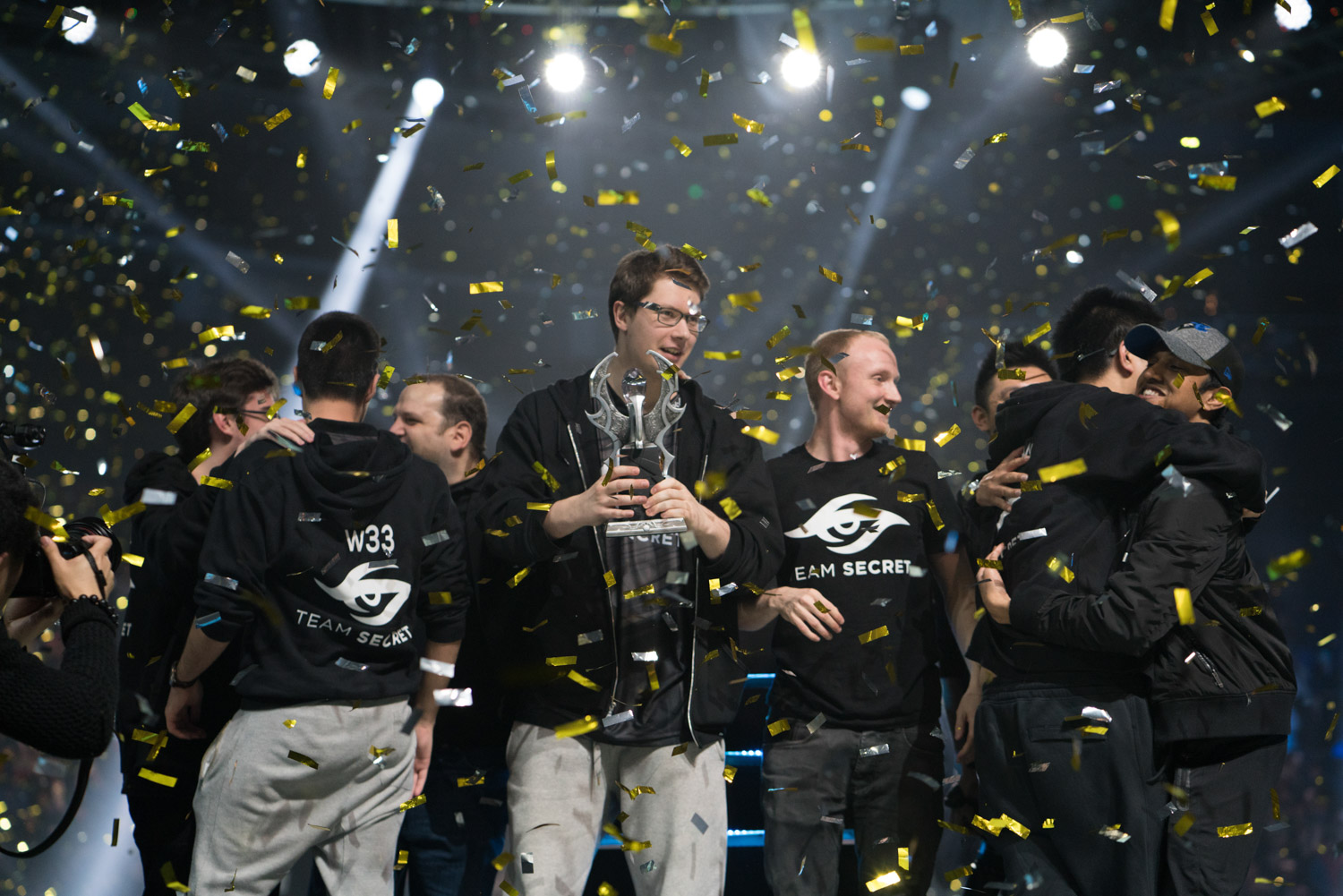 Team Secret and their price after winning against Team Liquid ( Tim Franco for ESPN )