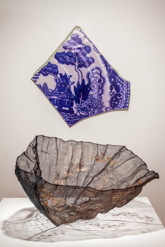   Shard  &nbsp;Oriental Blue Willow pattern, 2009 photo, mixed media,&nbsp;67 x 70 x 3 cm   Tablelands , 2008-10 Fish-net rope for hooking, larch &nbsp; driftwood fragment, antique lace 