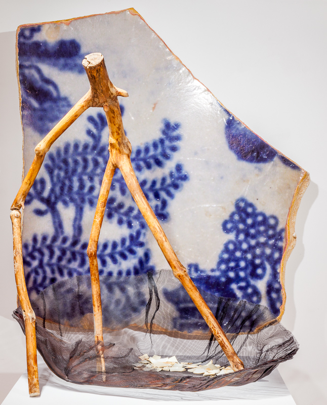 Venus , 2010 - 12, Lake Ontario driftwood 100 x 70 x 35 cm, Beach Vessel Lake Ontario # 2, 2010 - 12 Shard, Oriental Blue Willow pattern 2011, photo, mixed media 110 x 110 x 25 cm