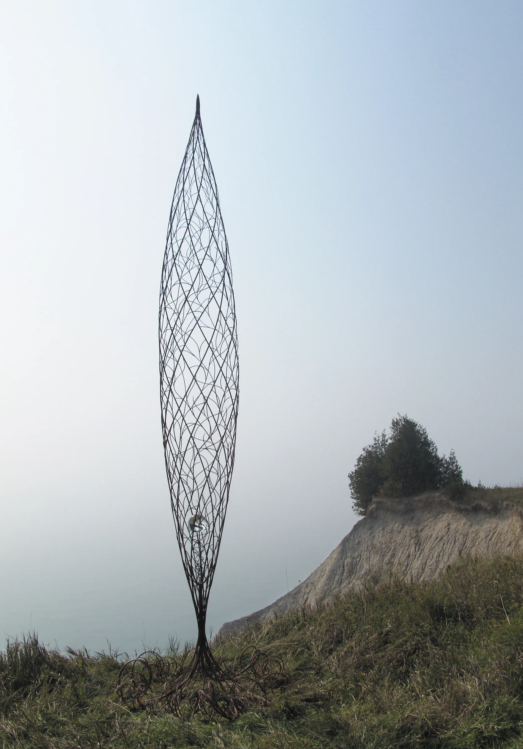  Genesis , 2003-2004 Steel rods, primer, crystal ball/egg, 480 x 120 cm