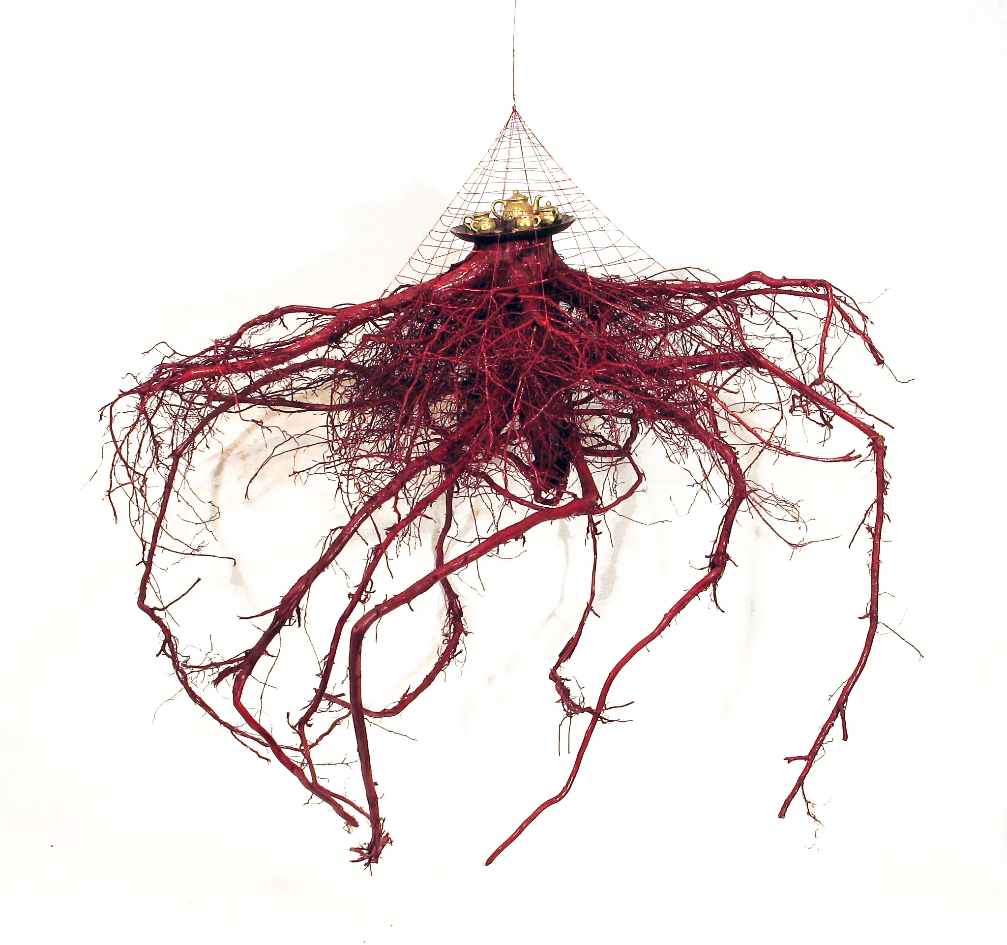 "Will You Won’t You Come To The Dance?” ,2015 tree root, paint, china (tea service), glass (tray), red wire 54” x 44” x 44”
