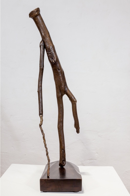 SALLY THURLOW, Walks with Cane, Edition of 6 cast bronze, 67 x 23 x 20 cm, 2011 - 12 walnut base, steel dowel 5 x 16 x 30 cm, 2012