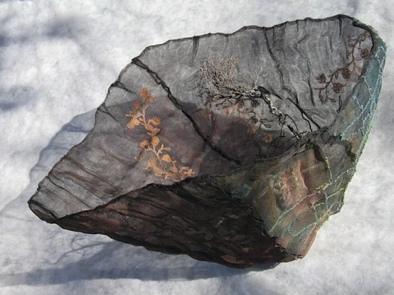 Tablelands, 2008 -10 fish-net rope for hooking, larch driftwood fragment, antique lace, 