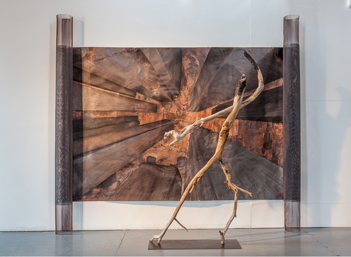 Burned, 2011 Newfoundland & Lake Ontario driftwood 200 x 110 x 30 cm with Bay & King Collective Unconscious 250 x 280 x 20 cm, 1994 
