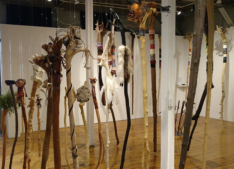 Wander In The Elements , 2017 - 2018 Multi-media with various natural animal, vegetable, mineral elements on driftwood Installation view at the Red Head Gallery