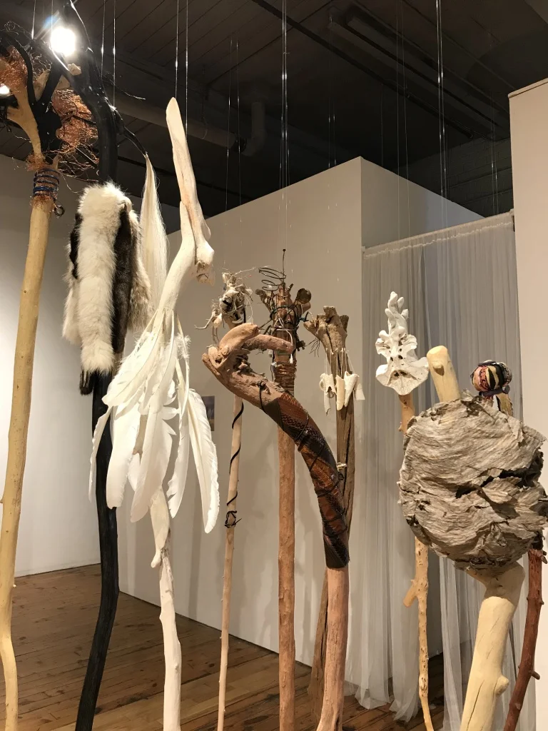 Wander In The Elements , 2017 - 2018 Multi-media with various natural animal, vegetable, mineral elements on driftwood Installation view at the Red Head Gallery