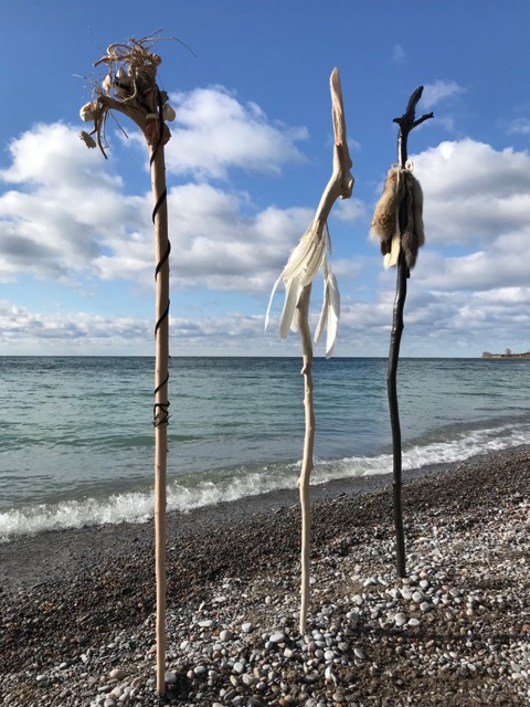   Elements (Detail) , 2017 - 2018, driftwood, natural elements - feathers, fur, bone, metals, plant materials etc., wood stain 