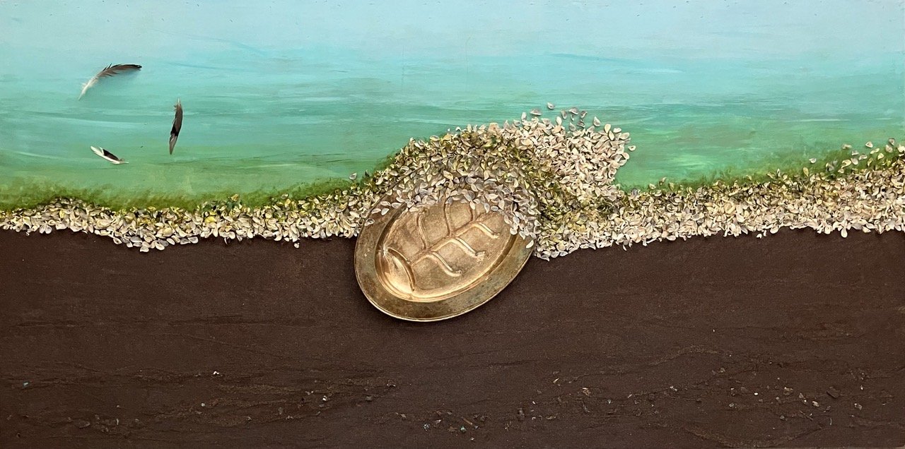   Serving Up Dilemmas (Detail)  , 2022, Acrylic, silver plated serving dish, zebra mussels, beach sand, Beach detritus, on repurposed wood panel, 38 x 76 x 1” 